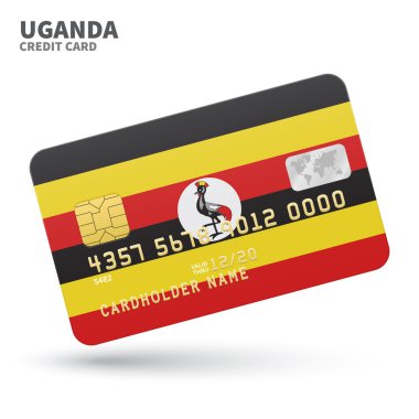 Credit card with Uganda flag background for bank, presentations and business. Isolated on white