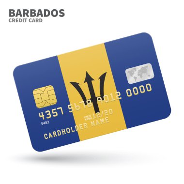 Credit card with Barbados flag background for bank, presentations and business. Isolated on white
