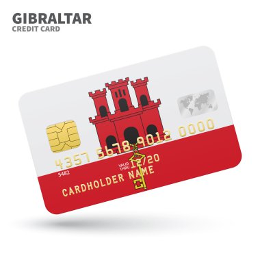 Credit card with Gibraltar flag background for bank, presentations and business. Isolated on white
