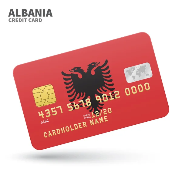 Carta di credito con bandiera Albania sfondo per banche, presentazioni e imprese. Isolato su bianco — Vettoriale Stock