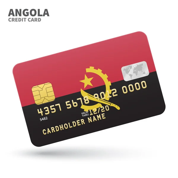 Tarjeta de crédito con fondo de bandera de Angola para banco, presentaciones y negocios. Aislado sobre blanco — Vector de stock