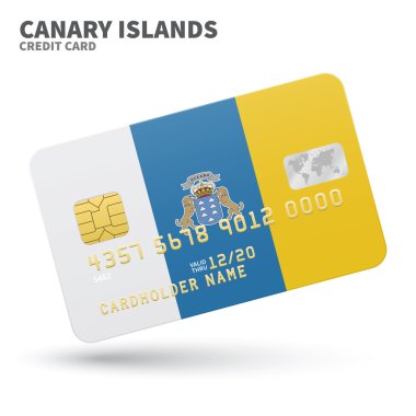 Credit card with Canary Islands flag background for bank, presentations and business. Isolated on white