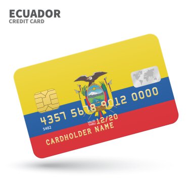 Credit card with Ecuador flag background for bank, presentations and business. Isolated on white