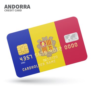 Credit card with Andorra flag background for bank, presentations and business. Isolated on white