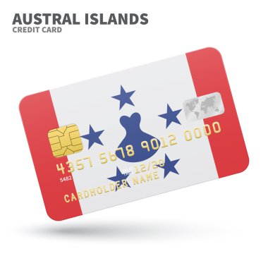 Credit card with Austral Islands flag background for bank, presentations and business. Isolated on white