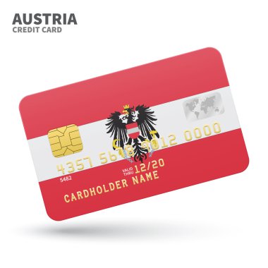 Credit card with Austria flag background for bank, presentations and business. Isolated on white