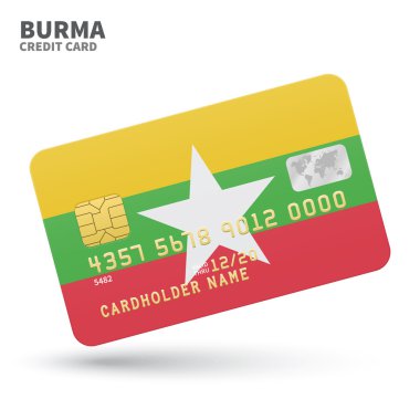 Credit card with Burma flag background for bank, presentations and business. Isolated on white