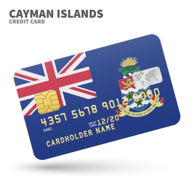 Credit card with Cayman Islands flag background for bank, presentations and business. Isolated on white