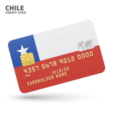 Credit card with Chile flag background for bank, presentations and business. Isolated on white
