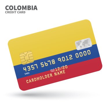 Credit card with Colombia flag background for bank, presentations and business. Isolated on white