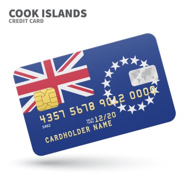 Credit card with Cook Islands flag background for bank, presentations and business. Isolated on white