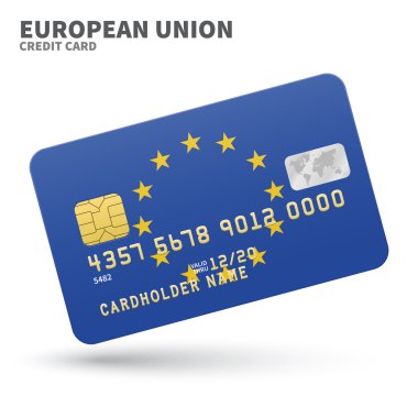Credit card with European Union flag background for bank, presentations and business. Isolated on white