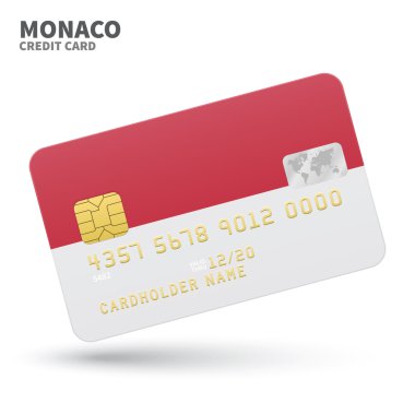 Credit card with Monaco flag background for bank, presentations and business. Isolated on white