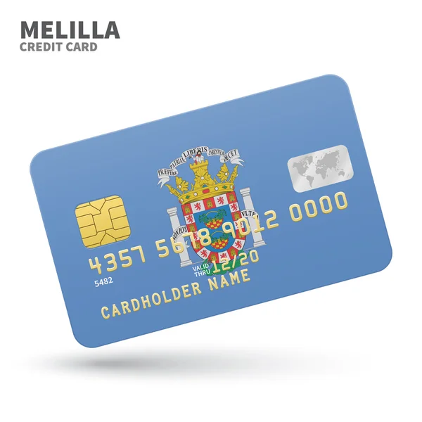 Tarjeta de crédito con fondo Melilla flag para banco, presentaciones y negocios. Aislado sobre blanco — Vector de stock