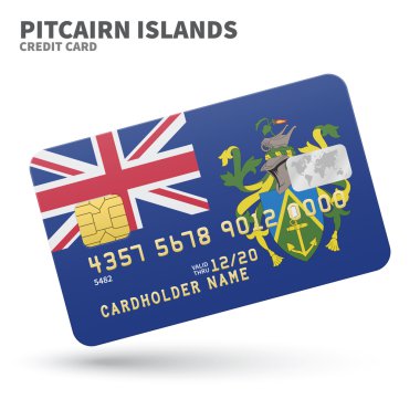 Credit card with Pitcairn Islands flag background for bank, presentations and business. Isolated on white