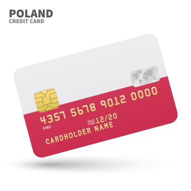 Credit card with Poland flag background for bank, presentations and business. Isolated on white