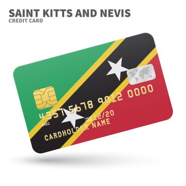 Credit card with Saint Kitts and Nevis flag background for bank, presentations, business. Isolated on white