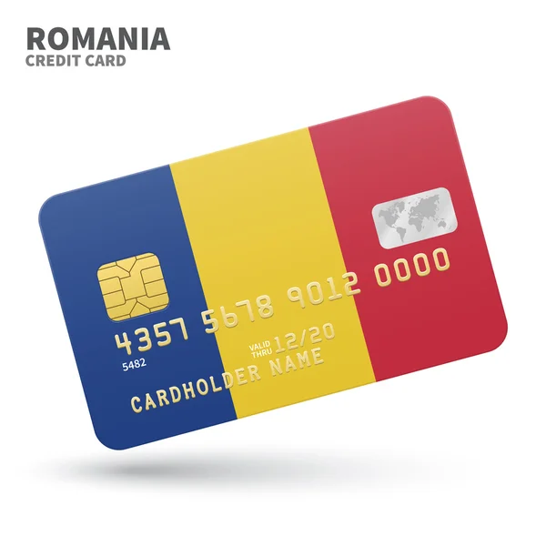 Carta di credito con sfondo bandiera Romania per banche, presentazioni e imprese. Isolato su bianco — Vettoriale Stock