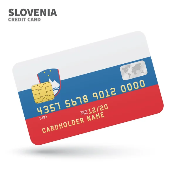 Tarjeta de crédito con fondo de bandera de Eslovenia para banco, presentaciones y negocios. Aislado sobre blanco — Vector de stock