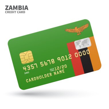 Credit card with Zambia flag background for bank, presentations and business. Isolated on white