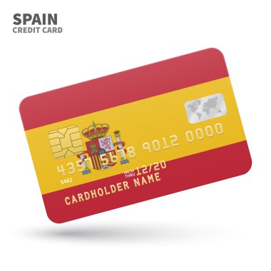 Credit card with Spain flag background for bank, presentations and business. Isolated on white