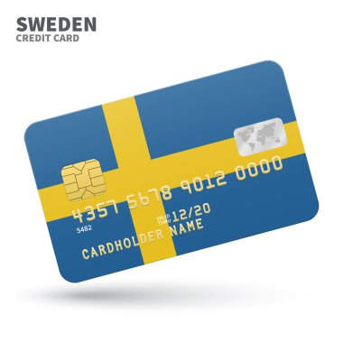 Credit card with Sweden flag background for bank, presentations and business. Isolated on white