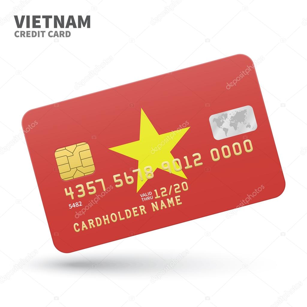 Credit card with Vietnam flag background for bank, presentations and business. Isolated on white