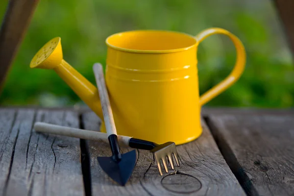 metal decor - yellow watering can, black spatula and rake. garden.
