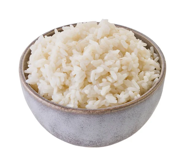 Gekochter Reis Schüssel Mit Schneideweg Weißer Isolierter Hintergrund Stockbild
