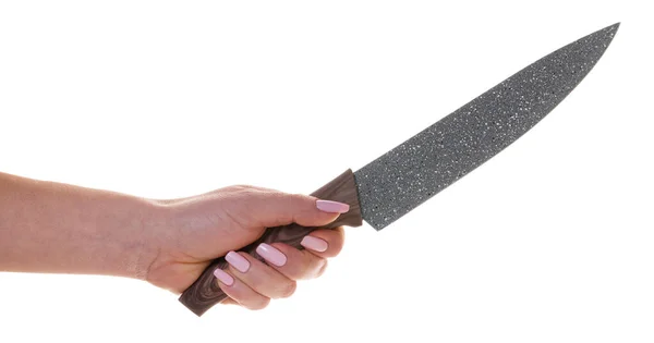 Nóż Kuchenny Ręce Kobiety Białym Izolowanym Tle — Zdjęcie stockowe