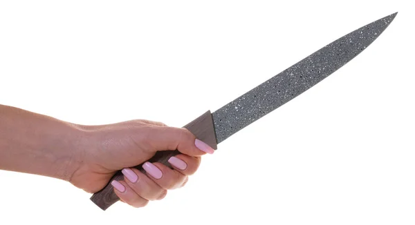 Coltello Cucina Mano Femminile Sfondo Bianco Isolato — Foto Stock