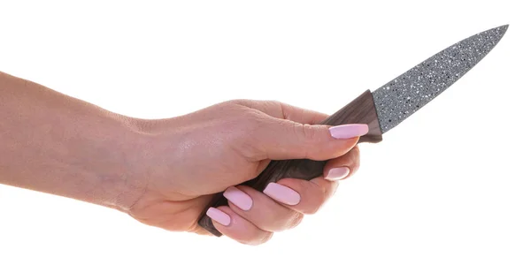 Küchenmesser Weiblicher Hand Auf Weißem Hintergrund lizenzfreie Stockbilder