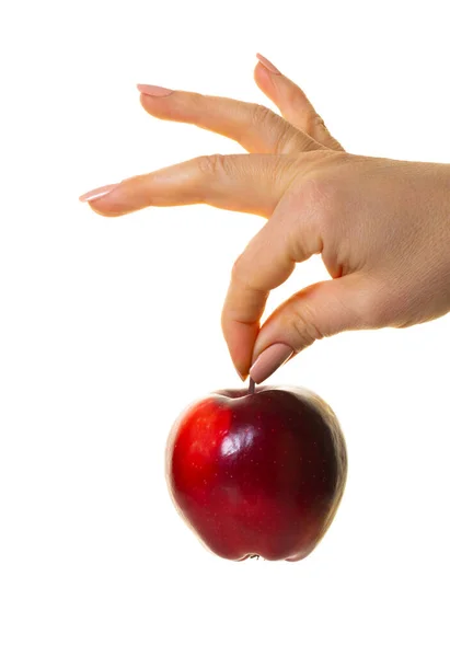 Κόκκινο Μήλο Στο Χέρι Λευκό Απομονωμένο Φόντο — Φωτογραφία Αρχείου