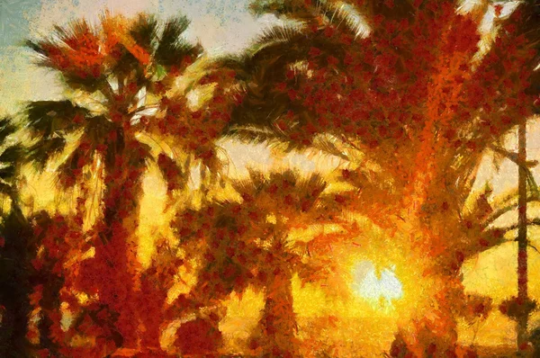 Ein digitales Gemälde des Sonnenuntergangs durch Palmen — Stockfoto