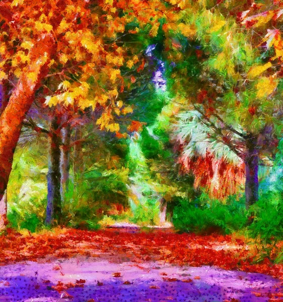 Colorful autumn trees digital painting with Monet style brushstrokes