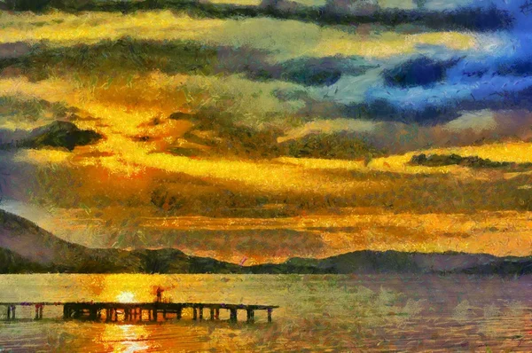 A digitális festészet, az óceán, a naplemente — Stock Fotó
