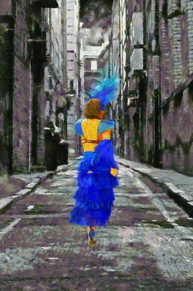 Dançarina de samba em traje em um beco de rua digatalmente pintado — Fotografia de Stock