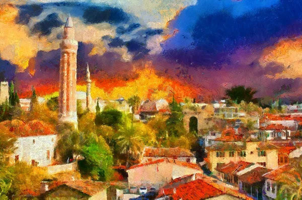 Obraz w stylu malarstwa widok Kaleici Antalya Turcja — Zdjęcie stockowe