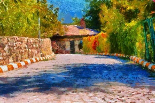 Maison individuelle au bout d'une ruelle de campagne, peinte numériquement dans le style Monet — Photo