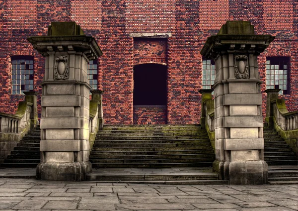 Grand sandstone steps entrance to industrial warehouse — Stock Photo, Image