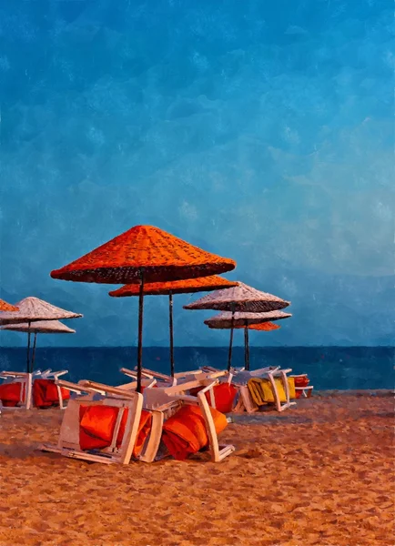 Digital painting of colorful beach umbrellas on a deserted beach — Stock Photo, Image