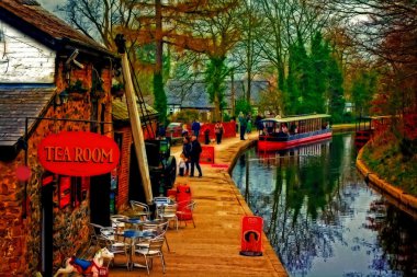 A digitally converted painting of a canal barge in Llangollen North Wales clipart