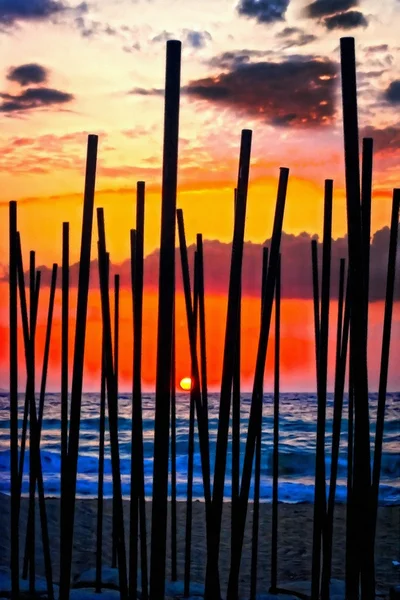 Digital painting of looking through beach umbrella poles at sunset — Stock Photo, Image