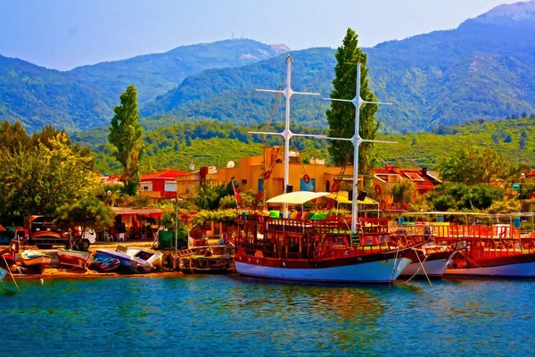 A digitally converted painting of a Turkish gulet cruise boat — Stock Photo, Image