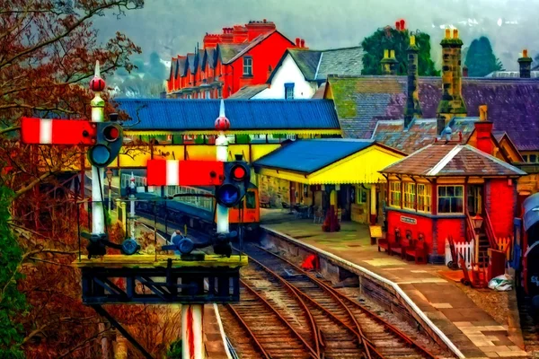 Цифровая переработанная картина железнодорожной станции Лланголлен Северный Уэльс, Великобритания — стоковое фото