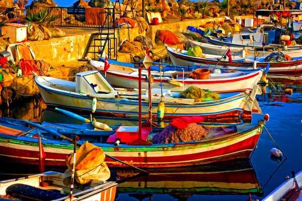 Una pintura digitalmente construida de pequeños barcos de pesca en el puerto —  Fotos de Stock