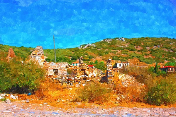 Una pintura construida digitalmente del antiguo pueblo turco de Doganbey —  Fotos de Stock