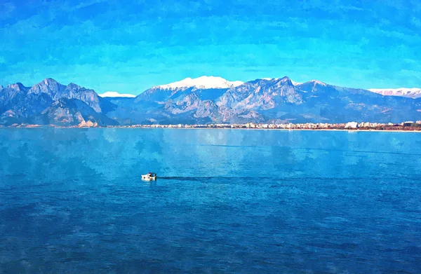 A digitally constructed painting of a small fishing boat  with snow covered mountains in Antalya Turkey — Stock Photo, Image