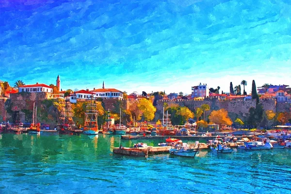 A digitally constructed painting of Kaleici harbour in Antalya Turkey — Stock Photo, Image