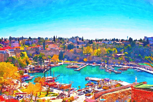 A digitally constructed painting of Kaleici harbour in Antalya Turkey — Stock Photo, Image